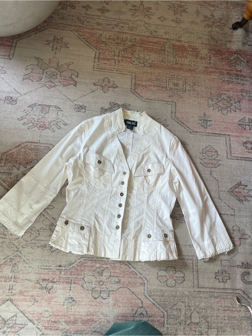 Y2k TAXI White Button Up Utility Jacket Ruffle Womens M